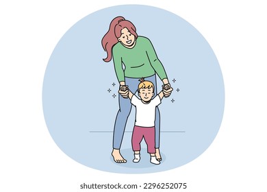 Happy young mother hold little baby child make first steps. Smiling loving mom lead excited small kid toddler walking. Motherhood and childhood concept. Flat vector illustration.