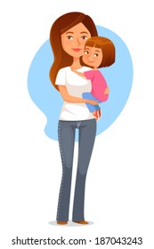 happy young mother holding her cute daughter. Beautiful young woman with her child. Family or mother hood concept. Cartoon character.