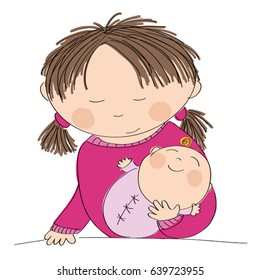 Happy young mother holding her little baby girl - original hand drawn illustration