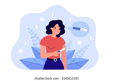 Happy young mother holding positive test with two strips. Smile of pregnant woman planning baby flat vector illustration. Pregnancy, medicine concept for banner, website design or landing web page