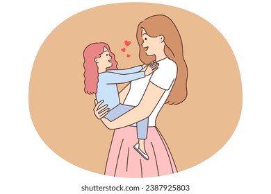 Happy young mother holding smiling little daughter in hands. Loving mom hugging small girl child show love and care. Motherhood. Vector illustration.