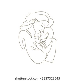 Happy young mother hugging little son contoured silhouette continuous line art style logo vector illustration. Family mommy and baby child kid embracing with love and tenderness minimal icon