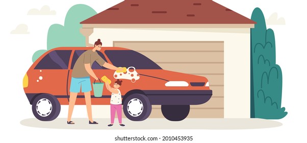 Happy Young Mother and Little Daughter Lather Auto with Soap, Family Characters Wash Car at Cottage Back Yard front of Garage. Weekend Chores, Household Activity. Cartoon People Vector Illustration