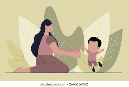 Happy Young Mother playing with the baby. Mom lifting her baby son. Mother's Day Illustration