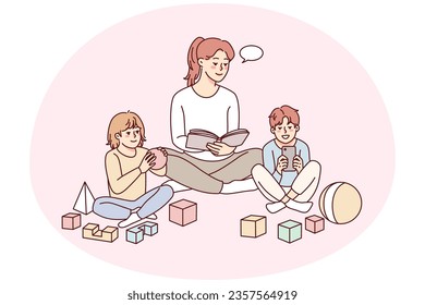 Happy young mother relax together with small kids at home. Mom or nanny rest with little children indoors. Childhood and parenthood. Vector illustration.