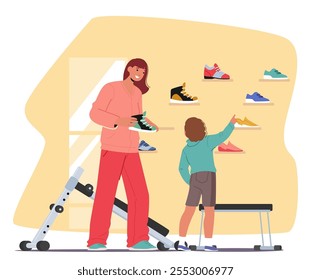 Glückliche junge Mutter und Sohn Cartoon-Figuren wählen neue Paar Turnschuhe beim Kauf von Schuhen in modernen Sportartikelgeschäft Szene. Familieneinkäufe am Wochenende, Vektorgrafik