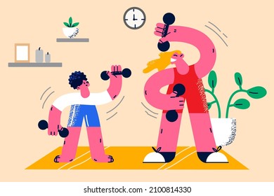 Happy young mother in sportswear do sports on lockdown at home with little kid. Smiling sportive toned mom and small child have fun train exercise together indoors. Flat vector illustration.