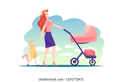 Happy young mother walking with baby stroller and holding hands with little girl. Family, child, parenthood concept. Modern flat illustration of happy family: mother, daughter, baby carriage outdoor