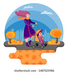 Happy young mother is walking with baby in stroller in warm autumn against the background of a big city. Care of children. Motherhood and childhood. Isolated object on white background. Flat vector