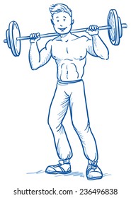 Happy young muscular fitness man doing workout, lifting weights, sports, hand drawn doodle vector illustration