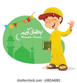 Happy Young Muslim Boy Holding Quran Book with Hand Up