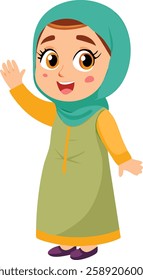 A happy young Muslim girl in a green and yellow outfit waves, celebrating the joy of Ramadan.