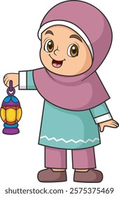 Happy Young Muslim Girl with Ramadan Lantern in Hand of illustration