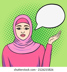 Happy young muslim woman in pink hijab showing with hand on empty speech cloud for your message, hand drawn vector illustration in retro pop art comic style