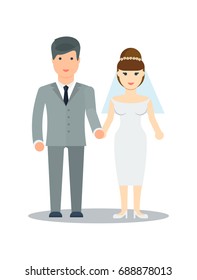 Happy young newlywed couple icon vector illustration isolated on white background. Happy bride and groom couple. People relationship, family concept in flat design.