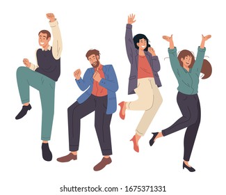 Happy young office workers jumping. Cheerful people celebrating success