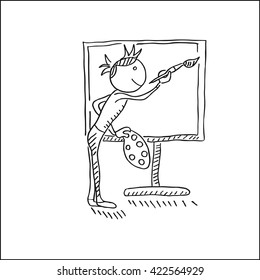 happy young painter artist with palette, easel and brush vector hand drawn sketch illustration