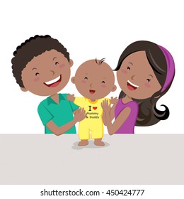 Happy young parent and baby. Vector illustration of a father and mother with their infant baby standing up.