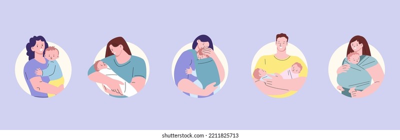 Happy young parents avatars. Woman and man hold and hug newborn babies. Cute mother and father with infant vector portraits