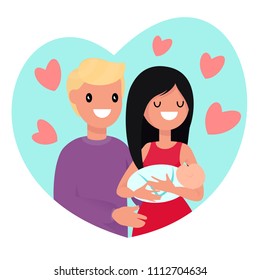 Happy young parents and baby. Concept of family happiness. Style flat