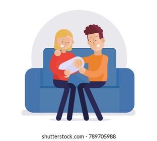 Happy young parents with baby on hands sitting on a couch