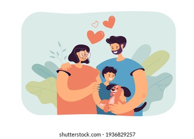 Happy young parents with child and dog isolated flat vector illustration. Cartoon mother, father and son adopting pet and smiling. Family and animal adoption concept