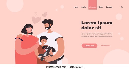 Happy young parents with child and dog isolated flat vector illustration. Cartoon mother, father and son adopting pet and smiling. Family and animal adoption concept