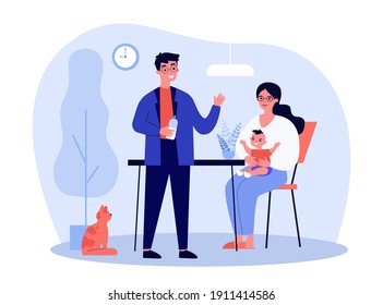 Happy young parents feeding baby at home. Milk, cat, mother flat vector illustration. Parenthood and family concept for banner, website design or landing web page