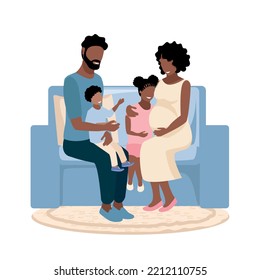 Happy young parents have fun with their children. Family day. Vector illustration in flat style isolated on white background.