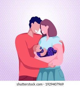 Happy young parents holding newborn. Mom and dad hugging little cute baby. Peaceful family moment. Greeting on birth of child.  Cartoon style vector.