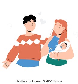 Happy Young Parents Holding Their Newborn Baby In Flat Vector Illustration Symbolizing Parenthood, Family Bond, And New Life, Isolated On White Background.