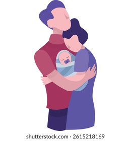 Happy young parents icon. Man and woman family couple hugging small baby vector. Father and mother with child isolated on white background
