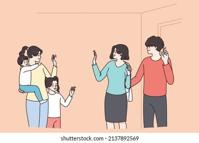 Happy young parents leave small kids with babysitter. Smiling mother and father say bye give children to nanny or nurse in kindergarten. Childhood and care. Flat vector illustration. 