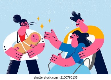 Happy young parents meet newborn child after giving birth in good medical service clinic. Nurse bring baby infant to excited mother and father. Family and childbirth concept. Vector illustration. 