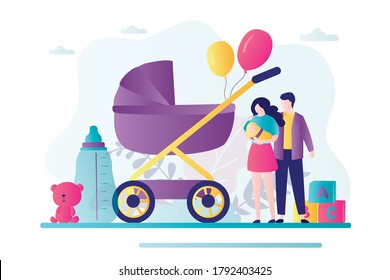 Happy young parents with newborn baby. Female character holding infant. Concept of parenthood, motherhood and family. Big stroller with bunch of balloons and kid toys. Trendy flat vector illustration