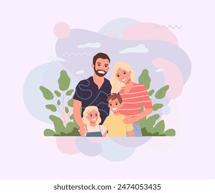 Happy young parents and two children standing together. Family couple with kids flat vector illustration. Unity, bonding, parenthood concept for banner, website design or landing page