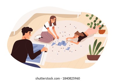 Happy young people assembling jigsaw puzzle together. Family spend time at home. Friends pastime. Teenager girls lying on floor. Flat vector cartoon illustration isolated on white background