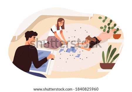Happy young people assembling jigsaw puzzle together. Family spend time at home. Friends pastime. Teenager girls lying on floor. Flat vector cartoon illustration isolated on white background