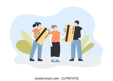 Happy young people with big credit cards and old woman. Boy and girl offering senior alternative payment method flat vector illustration. Finances, banking concept for banner or landing web page