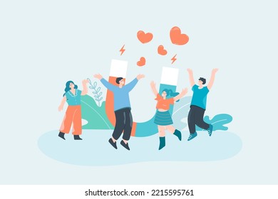 Happy young people with big magnet attracting hearts. Employees or friends using marketing strategy flat vector illustration. Social media, advertising, love concept for banner or landing web page