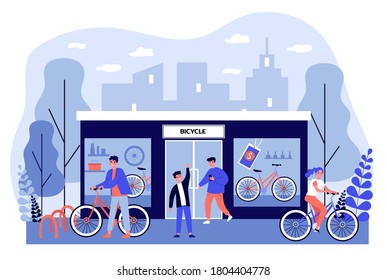 Happy young people buying bicycles in store. Shop, vehicle, wheel flat vector illustration. Transportation and urban lifestyle concept for banner, website design or landing web page