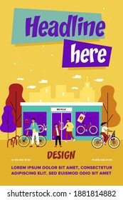 Happy young people buying bicycles in store. Shop, vehicle, wheel flat vector illustration. Transportation and urban lifestyle concept for banner, website design or landing web page