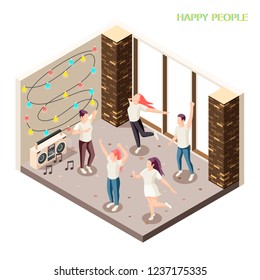 Happy young people in casual clothing dancing indoor with disco lights and speakers isometric composition vector illustration