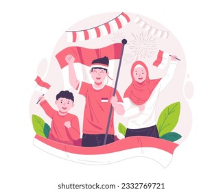 Happy Young People celebrate Indonesia's Independence Day by raising the red and white Indonesian flag. Indonesia Independence Day on August 17th Concept illustration