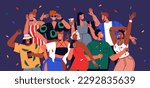 Happy young people celebrating. Excited youth crowd portrait at festive party. Joyful funky friends, women and men hanging out, gathering together at festive night disco. Flat vector illustration