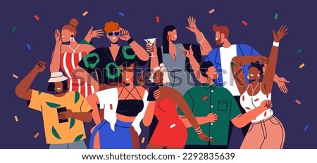 Happy young people celebrating. Excited youth crowd portrait at festive party. Joyful funky friends, women and men hanging out, gathering together at festive night disco. Flat vector illustration