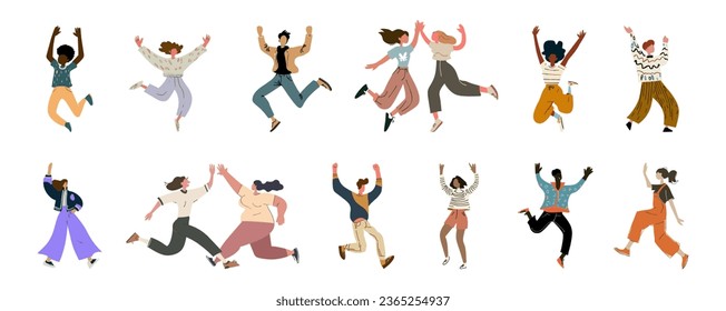 Jóvenes felices celebrando el éxito. Un grupo de amigos emocionados está saltando al aire. Hombres y mujeres positivos, ilustración del concepto de energía. Ilustraciones vectoriales aisladas en fondo blanco.