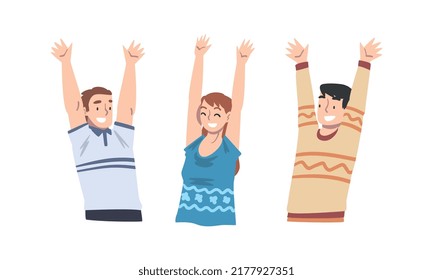 Happy Young People Character with Their Hands Raised Up Vector Set