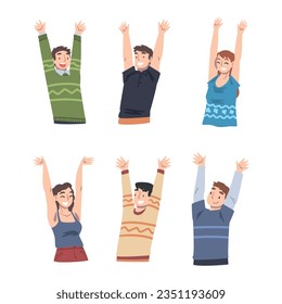 Happy Young People Character with Their Hands Raised Up Vector Set