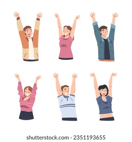 Happy Young People Character with Their Hands Raised Up Vector Set